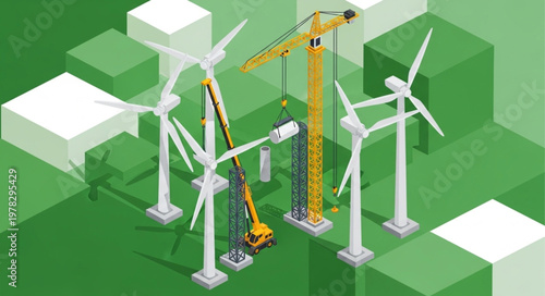 Wind Turbine Construction With Crane Lifting Blade Sections.