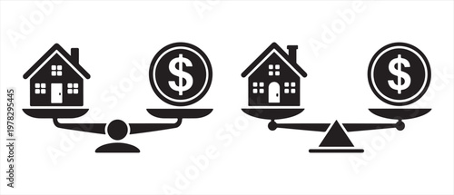 House vs Money on Scales Icon, Real Estate Investment Balance Concept.