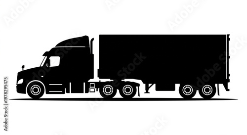 Semi Truck with Cargo Trailer Silhouette, Heavy Duty Transport Vehicle Side View Isolated on White