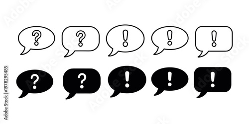 Black and white speech bubbles with question marks and exclamation points symbol communication