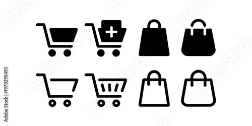 Black and white shopping cart and shopping bag with plus symbol on white background