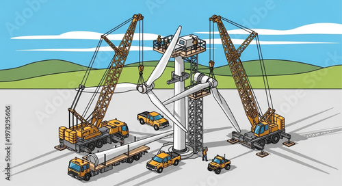 Wind turbine tower and nacelle assembly with cranes and trucks.