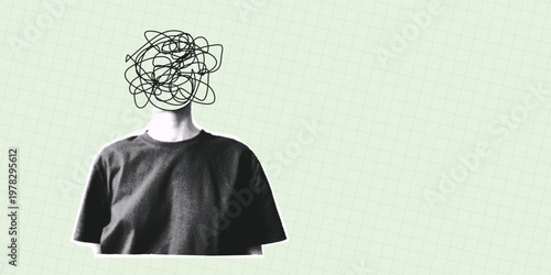 Trendy Halftone Collage Mental problem. Person with scribbles instead of head like thoughts, fear, chaos, confusing process. Mental health concept banner with copy space. Contemporary pop art vector.