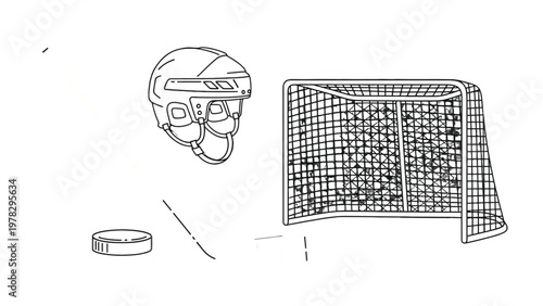 Hockey essentials outline: A simple, elegant illustration showcases the essential tools of hockey: a protective helmet, a hockey puck, a curved stick, and the goal net, ready for action.