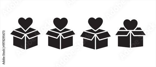 Black silhouette icons of open gift boxes with a heart symbol emerging from each.