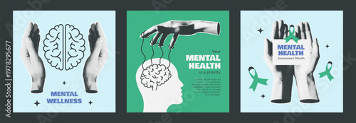 Mental Health, wellness posters template set. Psychological disorder awareness month collage halftone covers. Paper cutout Head, hand, brain. Emotional Wellness and Mindfulness. Vector illustrations