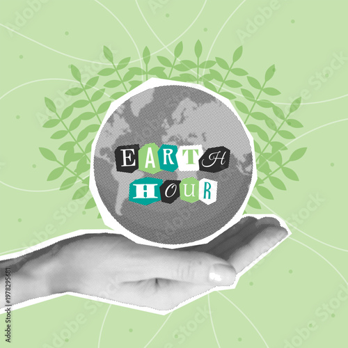 Earth hour halftone collage poster. Cutout hand with planet pop art style. Vintage vector illustration. global world clock saving.