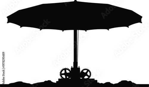 Outdoor Patio Umbrella with Table and Chairs Silhouette Isolated on White Background