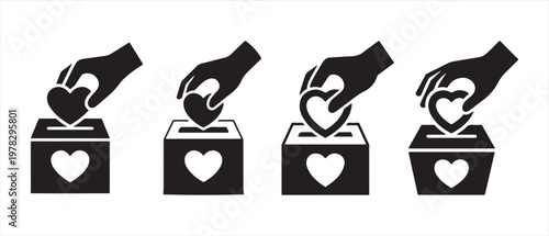 Donation Icons Set. Hand Dropping Heart into Collection Box with Heart Symbol.