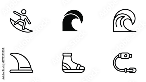 Surfing Icons in Black: A collection of simple surfing icons, including a surfer on a board, a crashing wave, a surfboard fin, water sport boot and a surfing leash.