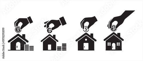 Saving money for a house. Sequence of icons showing coins being deposited into houses.