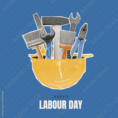 Happy Labour day collage poster. Halftone vintage safety helmet with various paper cutout sticker of construction tools, equipment: hammer, wrench, screwdriver, pliers. Vector retro illustration.