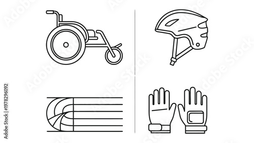 Accessibility & Athletics: Line art illustrations showcasing wheelchair, helmet, track, and gloves, representing inclusivity in sports and everyday life.