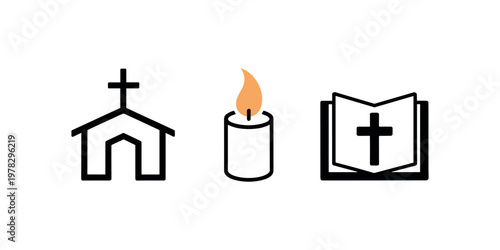 Church building candle with flame holy bible symbols in white background.