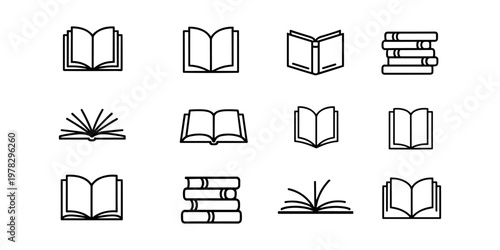 Collection of black line depicting open and closed books in various perspectives open book stack of books in white background.