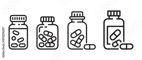 Set of medicine bottles with capsules and pills icons, representing healthcare and pharmaceuticals.