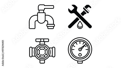 Plumbing Tools Illustration: A collection of essential plumbing tools are arranged. Showcasing the fundamental elements of plumbing repair, maintenance and water management. 