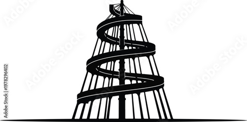 Black and White Silhouette of a Conical Spiral Slide and Industrial Helical Conveyor Tower