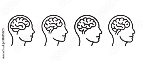Profile head outlines with human brain inside, representing thoughts, learning, and cognitive processes.