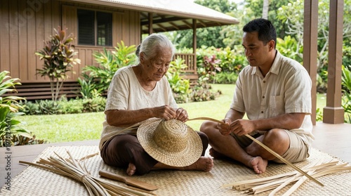 Hawaiian elder weaving a lauhala hat with a young man in a serene outdoor setting