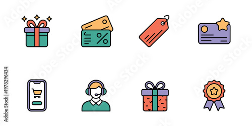 Ecommerce with gift boxes, tags, customer service symbols, shopping present discount in white background.