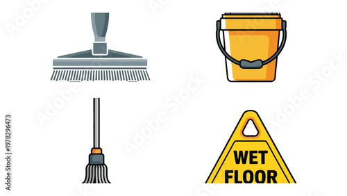 Cleaning Supplies Icons: A collection of essential cleaning tools, including a mop, bucket, broom and wet floor sign, ready to tackle any cleaning task.