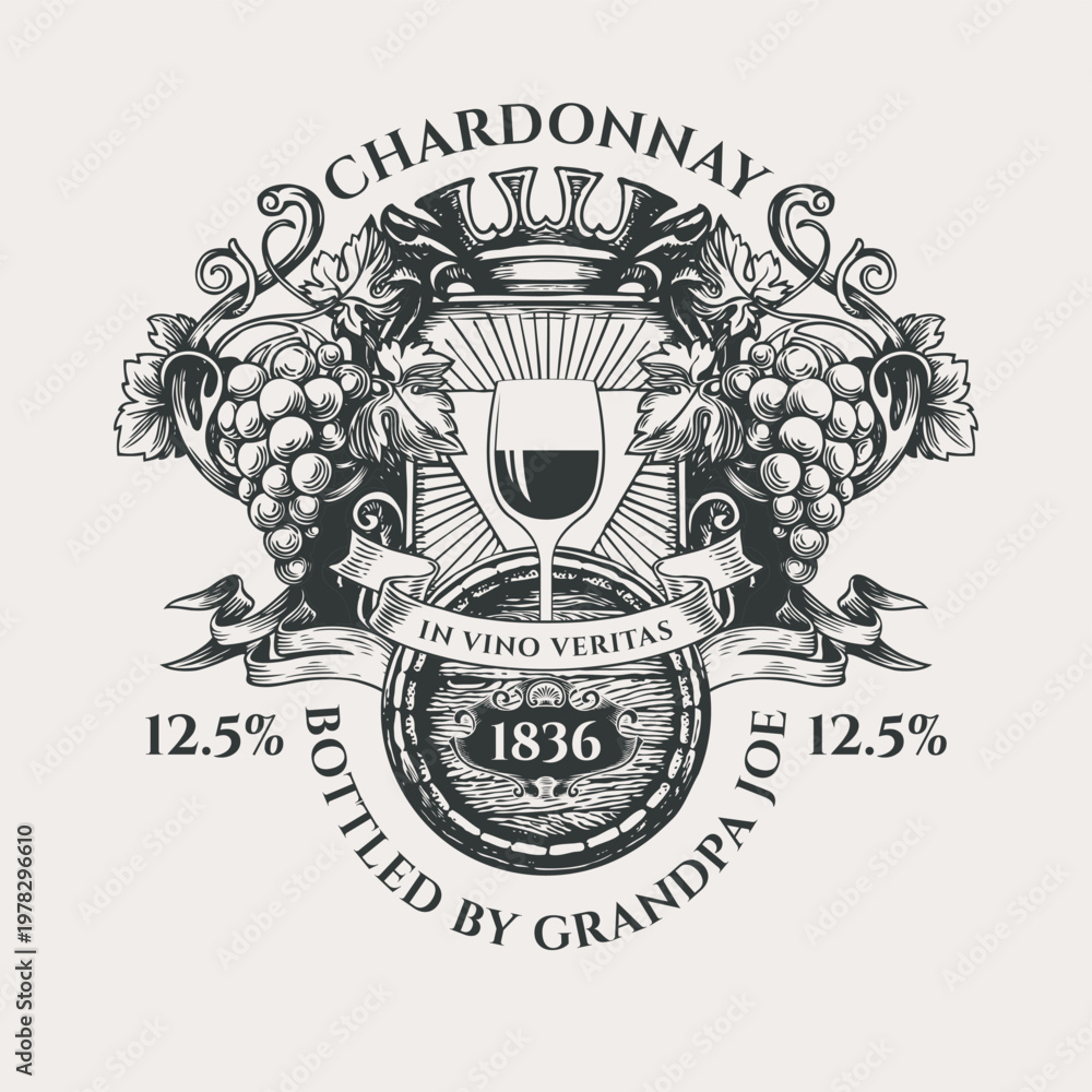 Obraz premium Ornate vector wine label with coat of arms with a glass of wine, bunches of grapes, a crown, wooden barrel, ribbons and the words In vino veritas. Hand-drawn black-white illustration in vintage style