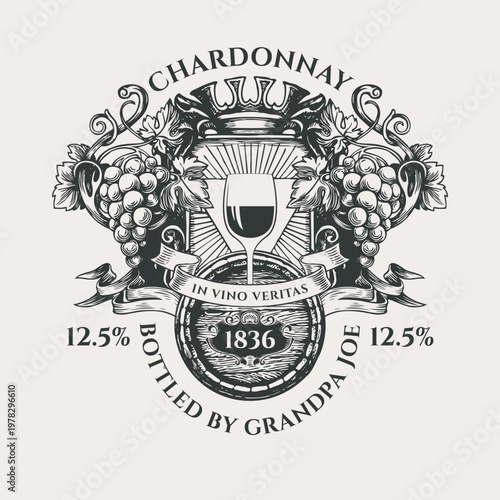Ornate vector wine label with coat of arms with a glass of wine, bunches of grapes, a crown, wooden barrel, ribbons and the words In vino veritas. Hand-drawn black-white illustration in vintage style
