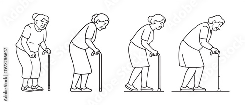 Progression of Senior Woman's Posture with Cane. From Upright to Stooped, Illustrating Aging and Mobility Challenges.
