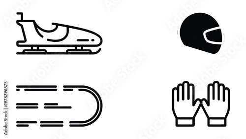 Winter Sports Essentials: A collection of line art icons depicting the core elements of winter sports, including a bobsled, a helmet, a bobsled track, and gloves.