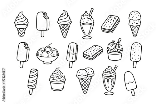 Delightful assortment of hand-drawn ice cream and frozen treats illustrations