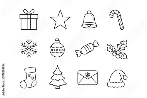 Collection of twelve classic holiday and winter-themed icons in simple line art style