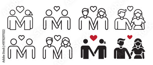 Couple Icons Set. Love, Relationships, Romance, Equality - Line Art & Solid Styles.