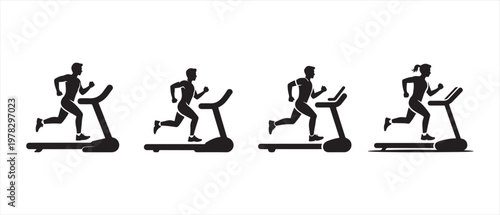 Silhouettes of men and women running on treadmills, representing indoor fitness and cardio exercise.