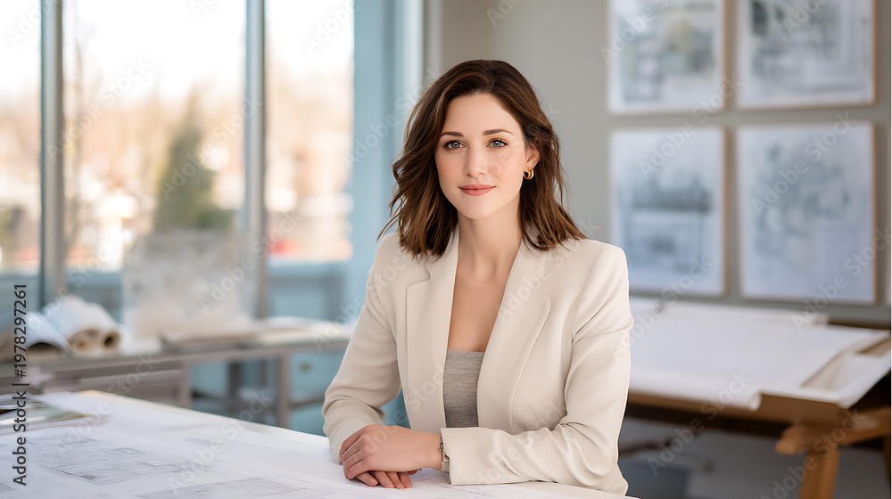 Obraz premium Confident female architect in modern office with blueprints and large windows, smiling and looking at camera. Professional work environment, creative workspace, engineering concept. 