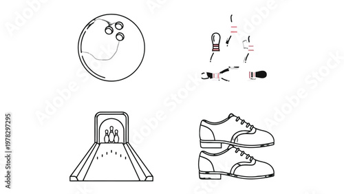Bowling Essentials: An artistic illustration showcasing a bowling ball, shoes, a pin layout, and various equipment, offering a visual representation of the sport's core components.