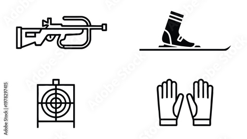 Biathlon Icon Set: A collection of simple, black and white icons representing the equipment and elements of biathlon, a thrilling sport.