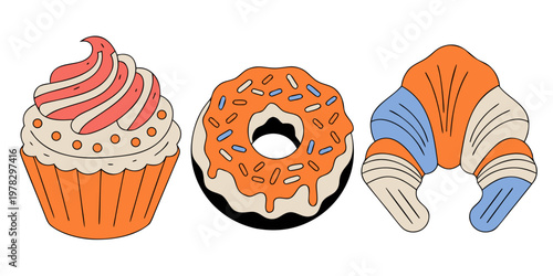 Delicious dessert bakery items cupcake donut and croissant illustration with baked goods croissant breakfast delicious confectionery doughnut catering illustration colorful