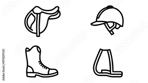 Equestrian Equipment: A detailed illustration of equestrian gear, including a saddle, helmet, boot, and stirrup, perfect for illustrating the sport.