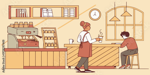 Line art illustration of a coffee shop interior with a barista serving a customer and a person reading at a counter customer interior illustration drinking lifestyle minimalist