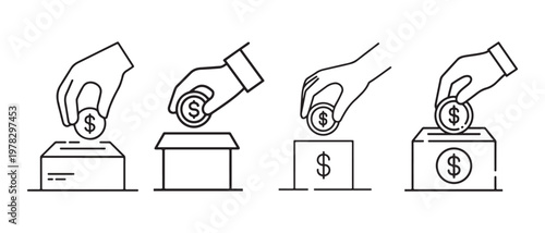 Collection of line art illustrations showing hands inserting coins into donation boxes, symbolizing charity and financial contribution.