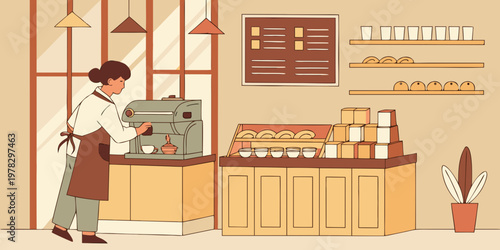 Barista working in a modern coffee shop interior with espresso machine and shelves espresso interior coffeehouse professional beverage business roastery lifestyle illustration