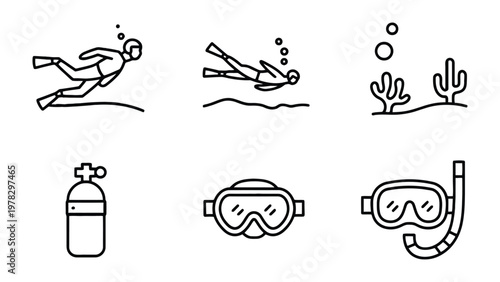 Underwater Exploration Icons: A collection of simple line icons depicting the various elements of scuba diving, ideal for educational or illustrative purposes.