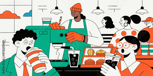 Dynamic graphic illustration of a busy coffee shop with a barista serving customers drinks and snacks customer illustration lifestyle beverage drinking ordering interaction
