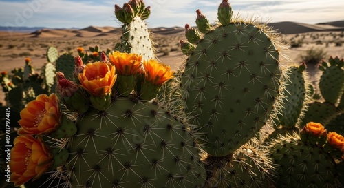 Cactus Blooming in Desert Landscape at Sunset with Sand Dunes