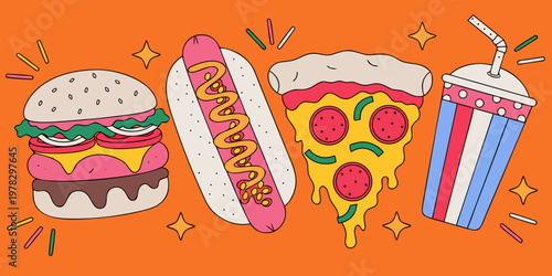 Fast food graphic illustration featuring hamburger hot dog pizza slice and soda cup hamburger fastfood junkfood illustration colorful restaurant delicious pepperoni refreshment