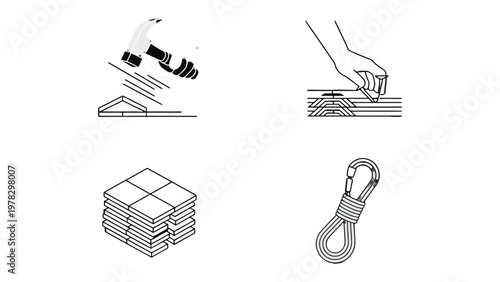 Assembly and Construction: Detailed graphic illustrating assembly, building, and fixing elements. Demonstrates the process, featuring tools like hammers, nails, and rope shackles. 