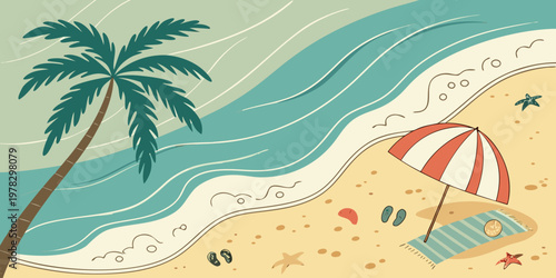Retro style beach landscape with palm tree and striped umbrella on sandy shore flip flops landscape umbrella vacation tropical coastline seashore paradise illustration