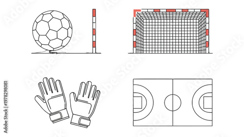 Handball Essentials: A comprehensive illustration of handball equipment, featuring a handball, goal, gloves, and court layout, perfect for showcasing the sport's key elements.