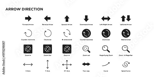 Directional arrow icons and cursor movement indicators set for user interface with two way xy axis y axis x axis navigation direction pointers movement downward clockwise